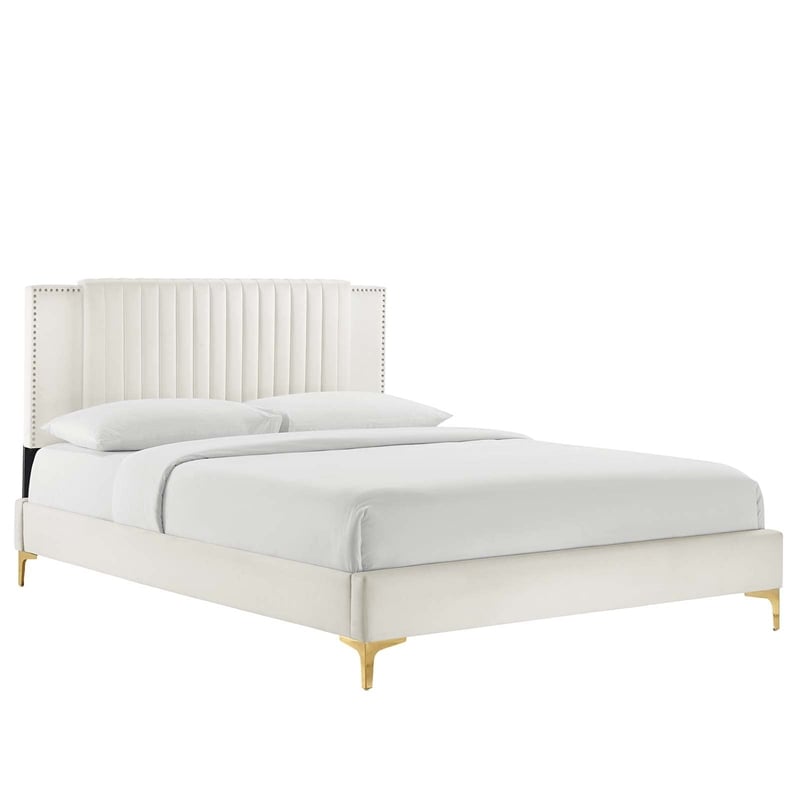 Maklaine Channel Tufted Performance Velvet Full Platform Bed in White