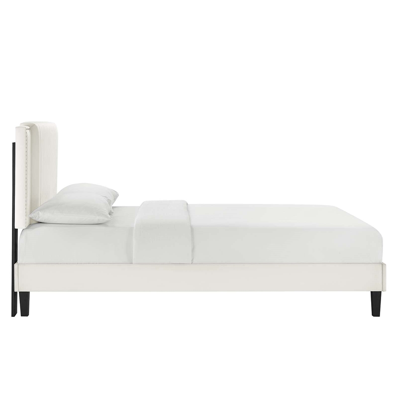 Maklaine Contemporary Channel Tufted Velvet Queen Platform Bed in White