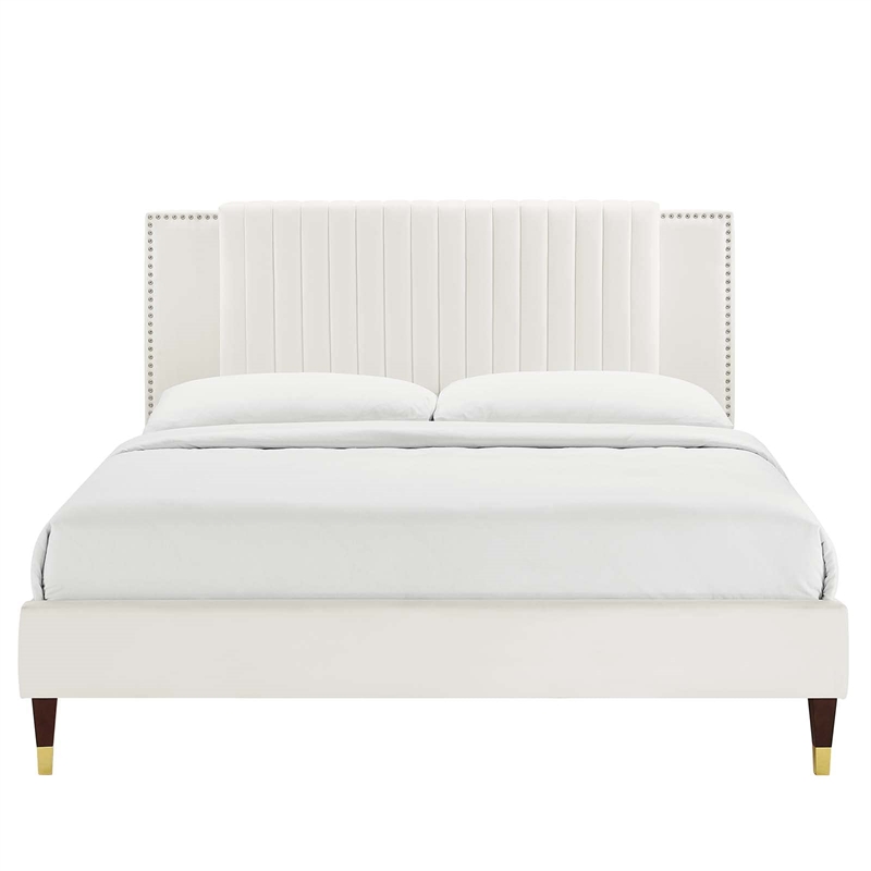Maklaine Channel Tufted Performance Velvet Queen Platform Bed - White