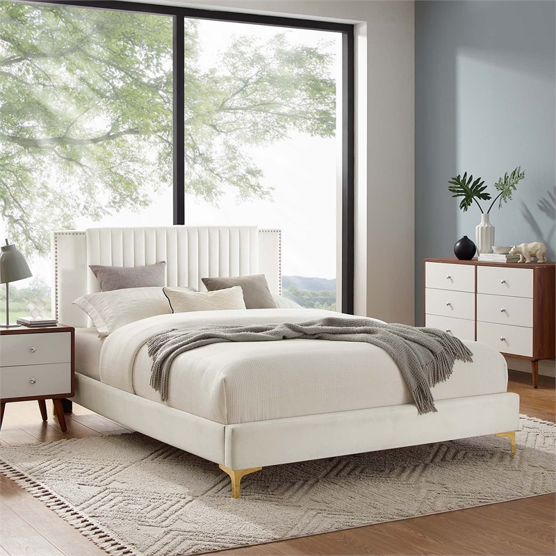 Maklaine Channel Tufted Performance Velvet Twin Platform Bed in White