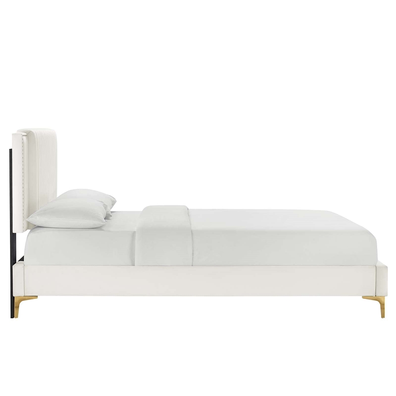 Maklaine Channel Tufted Performance Velvet Twin Platform Bed in White