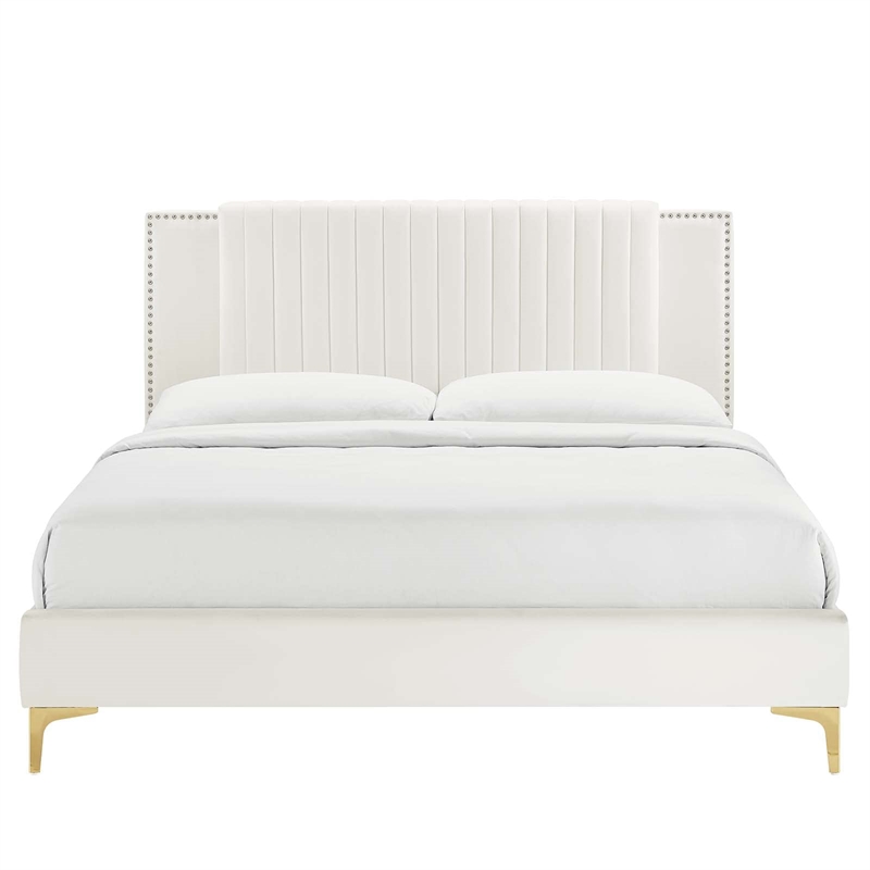 Maklaine Channel Tufted Performance Velvet Twin Platform Bed in White