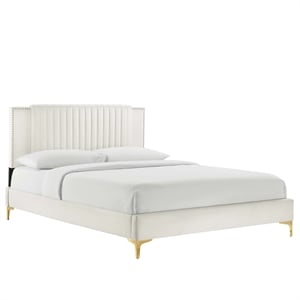 Maklaine Channel Tufted Performance Velvet Queen Platform Bed in White
