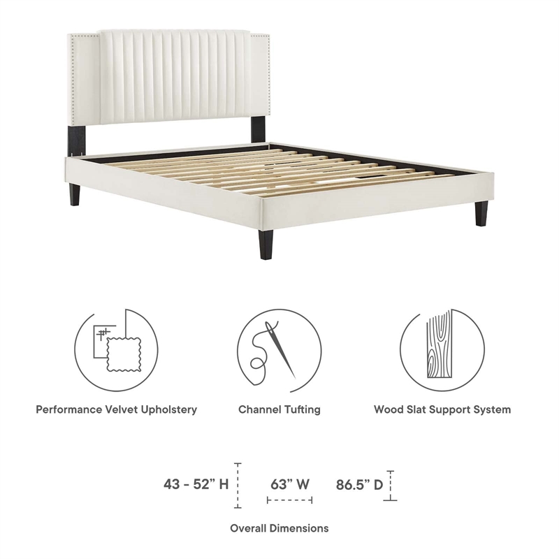 Maklaine Contemporary Channel Tufted Velvet King Platform Bed in White