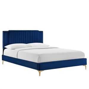 Maklaine Channel Tufted Performance Velvet King Platform Bed in Navy