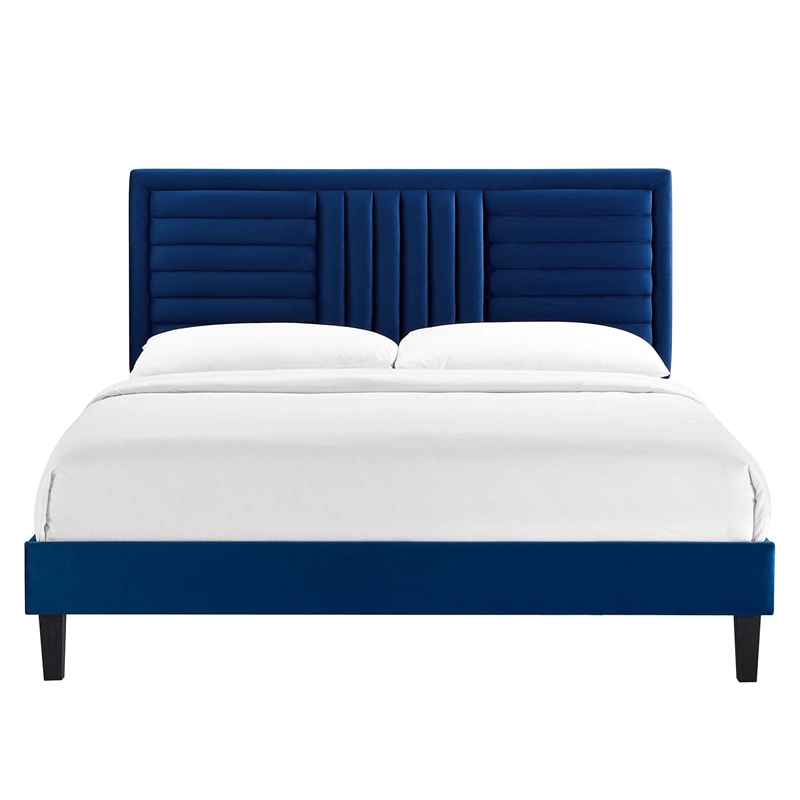 Maklaine Contemporary Channel Tufted Velvet Queen Platform Bed in Navy