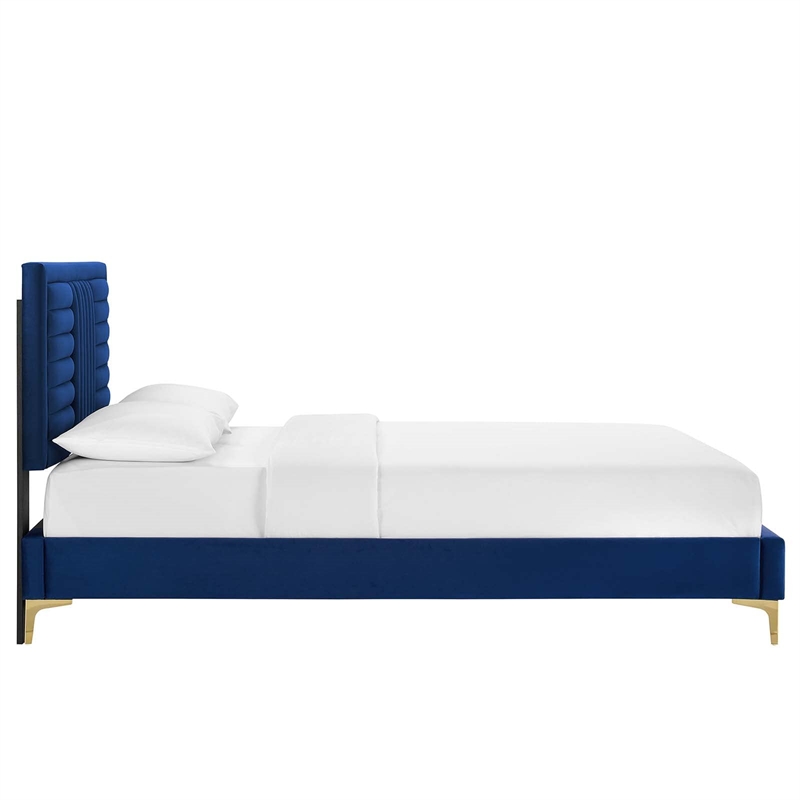 Maklaine Channel Tufted Performance Velvet Queen Platform Bed in Navy