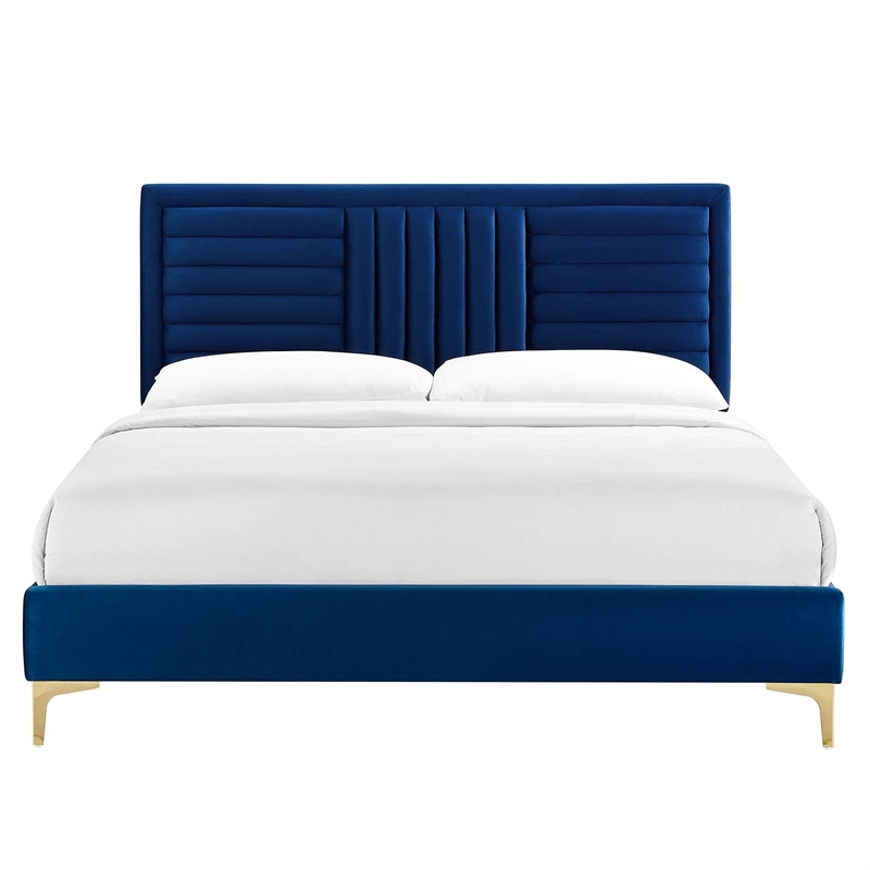 Maklaine Channel Tufted Performance Velvet Queen Platform Bed in Navy