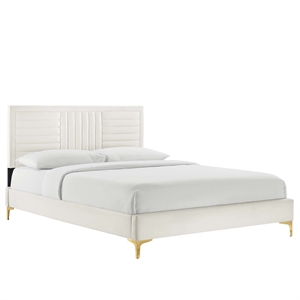 Maklaine Channel Tufted Performance Velvet Queen Platform Bed in White