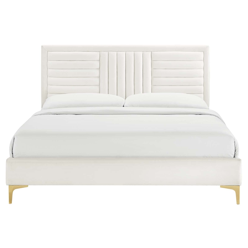 Maklaine Channel Tufted Performance Velvet Full Platform Bed in White