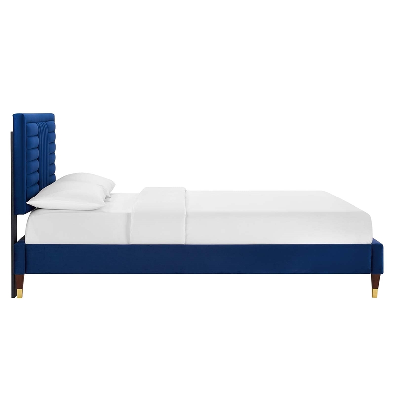 Maklaine Contemporary Channel Tufted Velvet Full Platform Bed in Navy