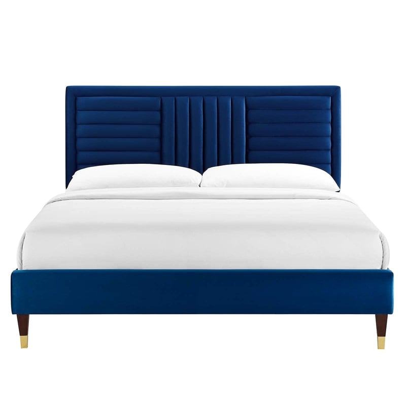Maklaine Contemporary Channel Tufted Velvet Full Platform Bed in Navy