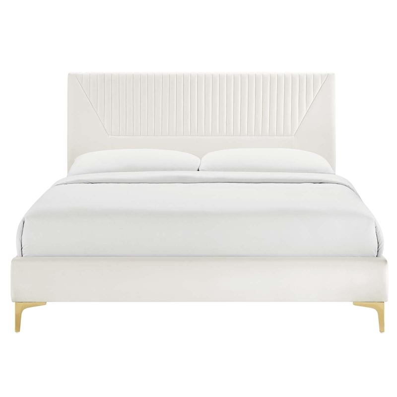 Maklaine Channel Tufted Velvet Full Platform Bed in White Finish