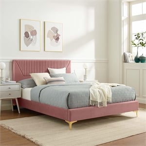 Maklaine Channel Tufted Velvet King Platform Bed in Dusty Rose Finish