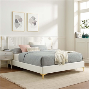 Maklaine Channel Tufted Velvet King Platform Bed in White Finish
