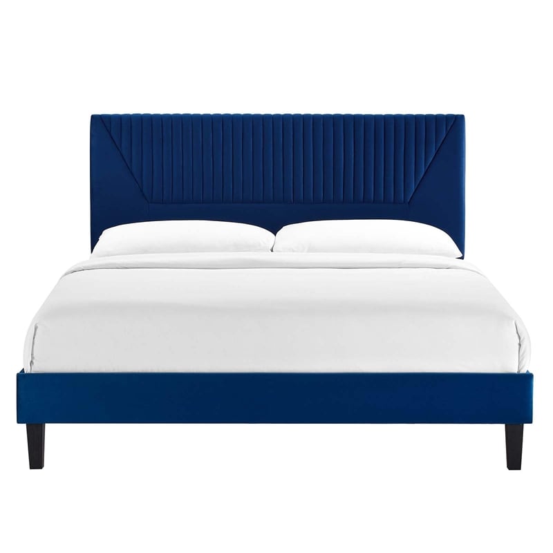 Maklaine Contemporary Channel Tufted Velvet Full Platform Bed in Navy
