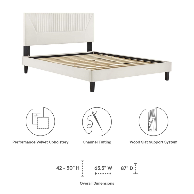 Maklaine Contemporary Channel Tufted Velvet Full Platform Bed in White