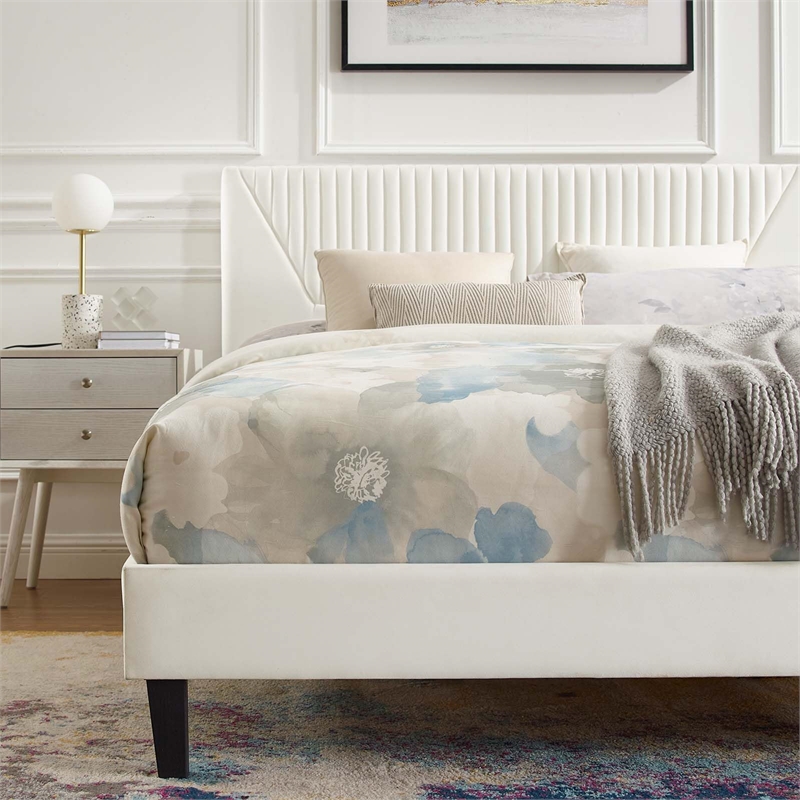 Maklaine Contemporary Channel Tufted Velvet Full Platform Bed in White