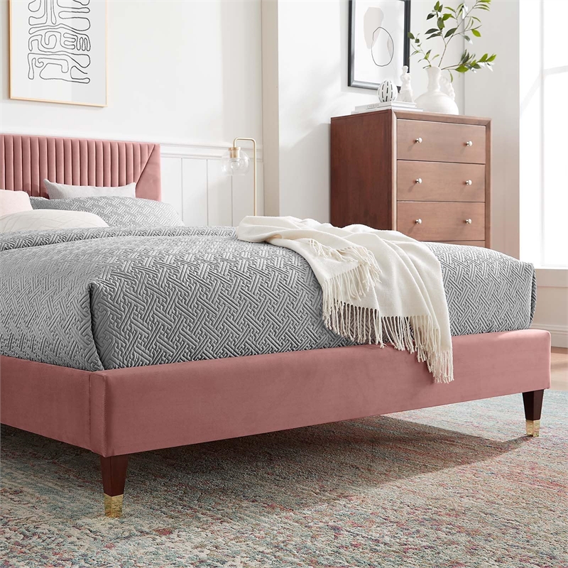 Maklaine Channel Tufted Velvet King Platform Bed - Dusty Rose