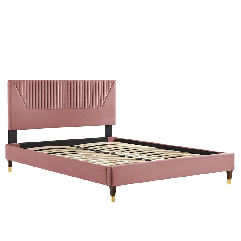 Maklaine Channel Tufted Velvet King Platform Bed - Dusty Rose