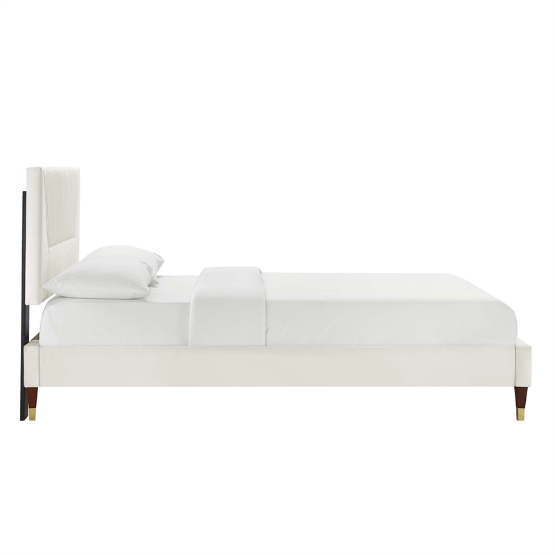 Maklaine Contemporary Channel Tufted Velvet Full Platform Bed - White