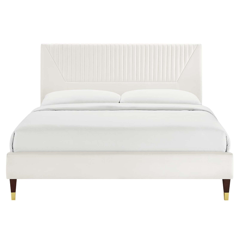 Maklaine Contemporary Channel Tufted Velvet Full Platform Bed - White