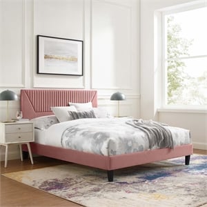 Maklaine Channel Tufted Velvet King Platform Bed in Dusty Rose