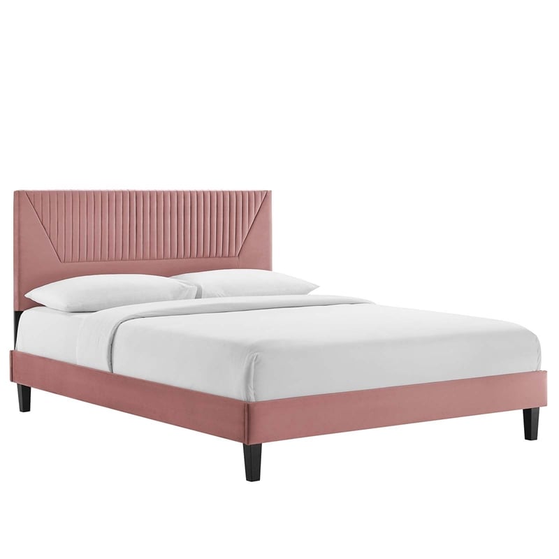 Maklaine Channel Tufted Velvet King Platform Bed in Dusty Rose