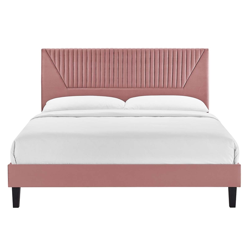 Maklaine Channel Tufted Velvet King Platform Bed in Dusty Rose
