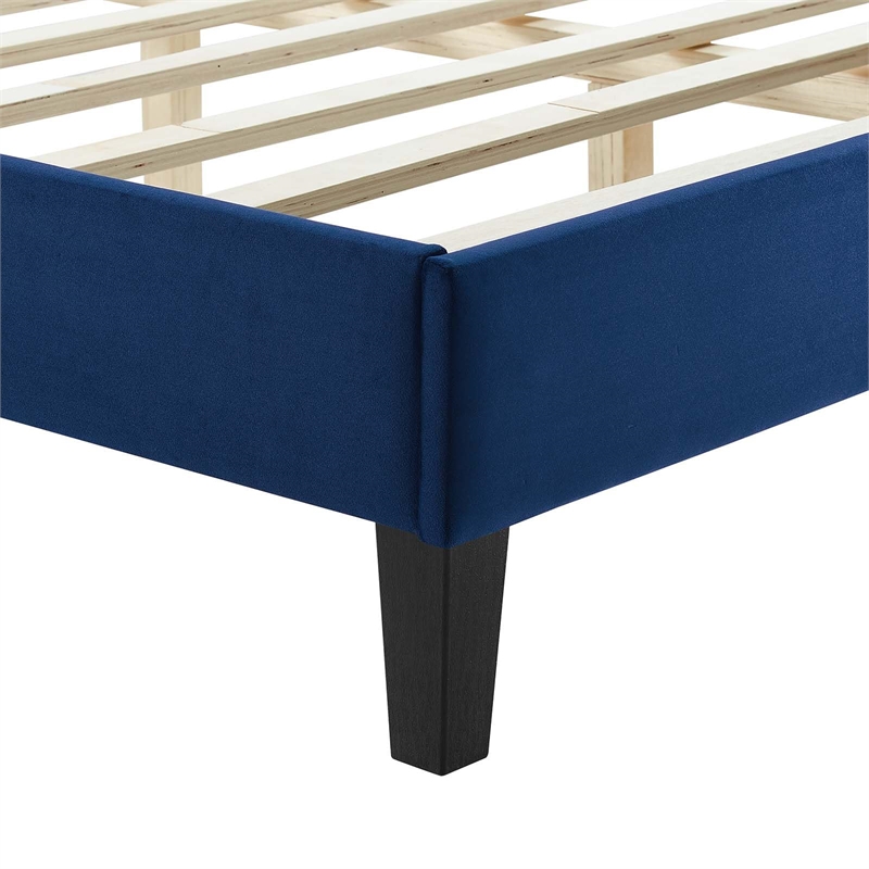 Maklaine Contemporary Channel Tufted Velvet King Platform Bed in Navy