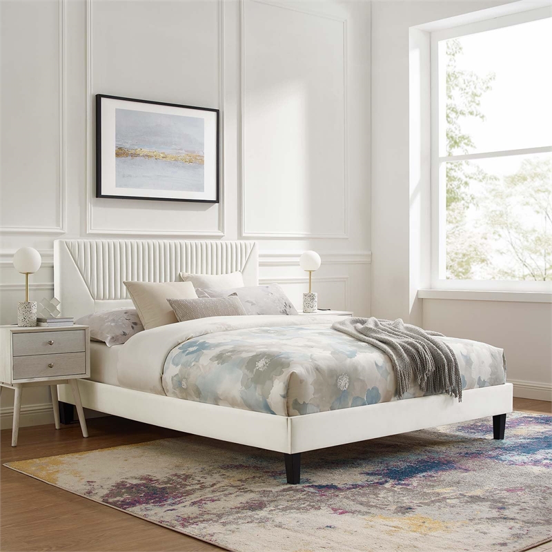 Maklaine Channel Tufted Velvet Queen Platform Bed in White Finish