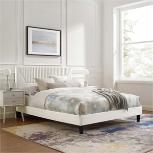 Maklaine Channel Tufted Velvet Queen Platform Bed in White Finish
