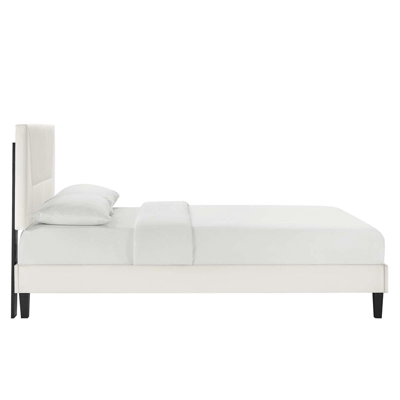 Maklaine Channel Tufted Velvet Queen Platform Bed in White Finish