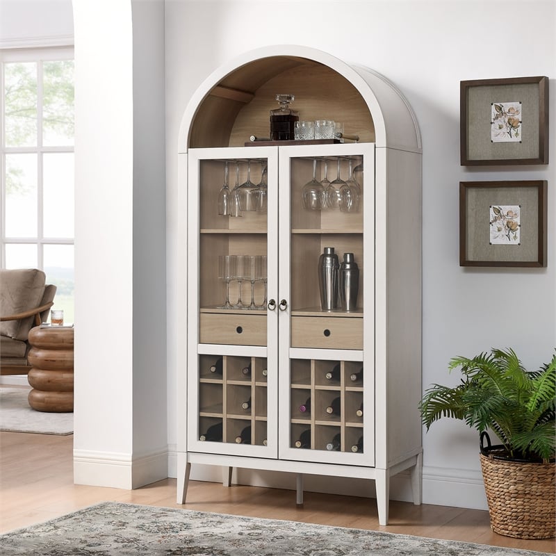 Maklaine Contemporary Wood Grain Laminated Arched Bar Cabinet in Ivory