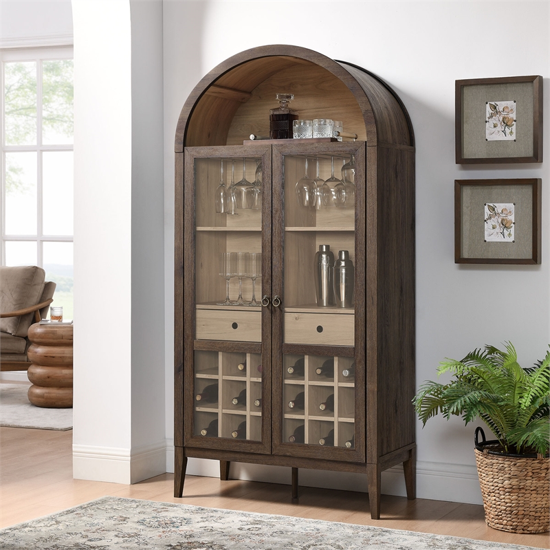 Maklaine Contemporary Wood Grain Laminated Arched Bar Cabinet in Dark Walnut