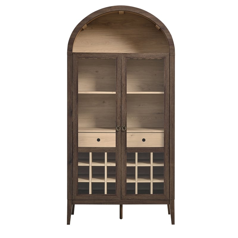 Maklaine Contemporary Wood Grain Laminated Arched Bar Cabinet in Dark Walnut