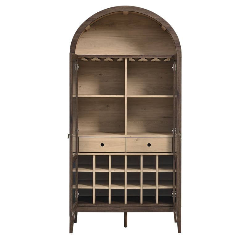 Maklaine Contemporary Wood Grain Laminated Arched Bar Cabinet in Dark Walnut