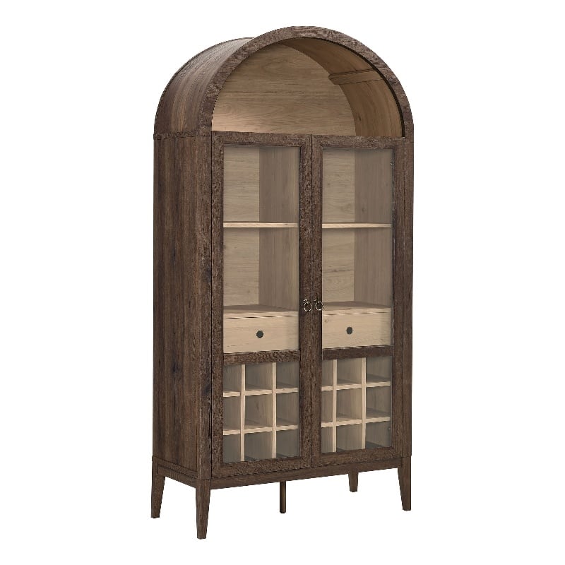 Maklaine Contemporary Wood Grain Laminated Arched Bar Cabinet in Dark Walnut