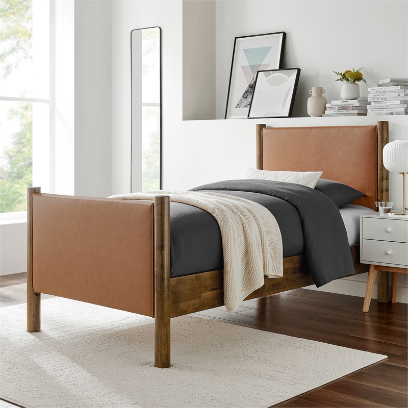 Maklaine Contemporary Upholstered Platform Bed in Tan Walnut