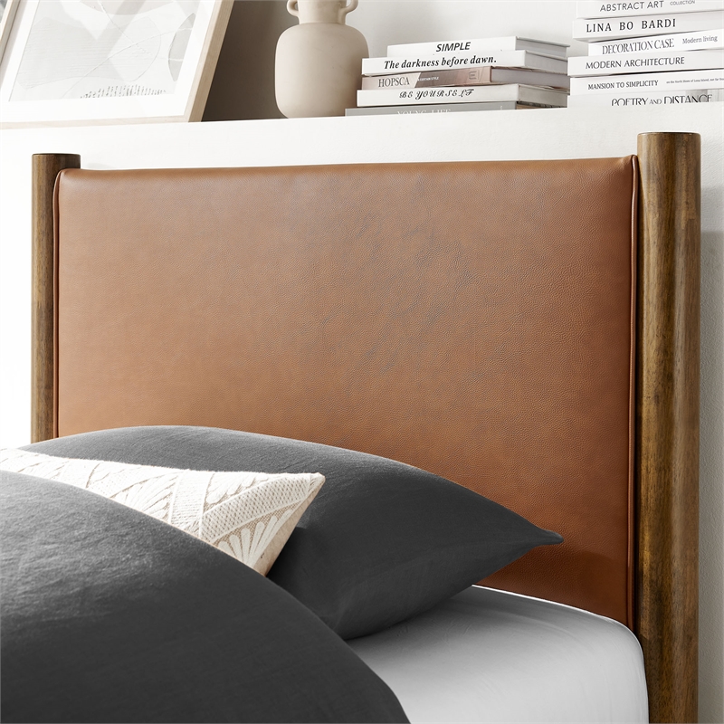 Maklaine Contemporary Upholstered Platform Bed in Tan Walnut