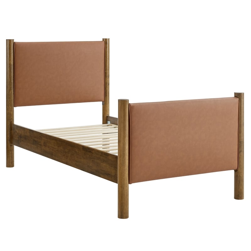 Maklaine Contemporary Upholstered Platform Bed in Tan Walnut