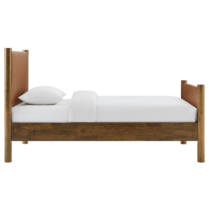 Maklaine Contemporary Upholstered Platform Bed in Tan Walnut