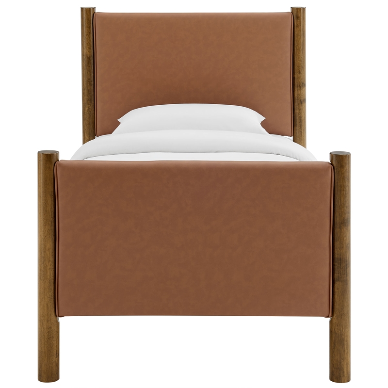 Maklaine Contemporary Upholstered Platform Bed in Tan Walnut