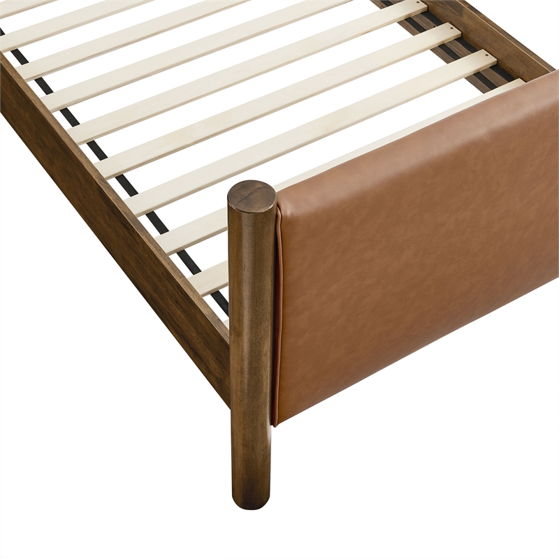 Maklaine Contemporary Upholstered Platform Bed in Tan Walnut