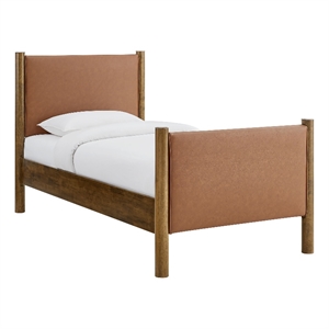 Maklaine Contemporary Upholstered Platform Bed in Tan Walnut