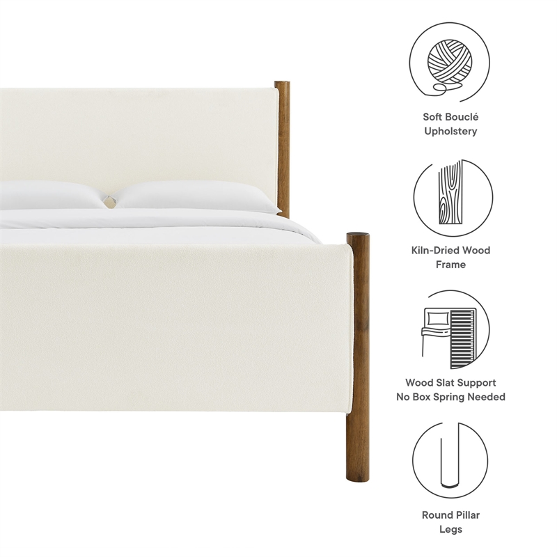Maklaine Queen Size Boucle Upholstered Platform Bed in Feather Walnut