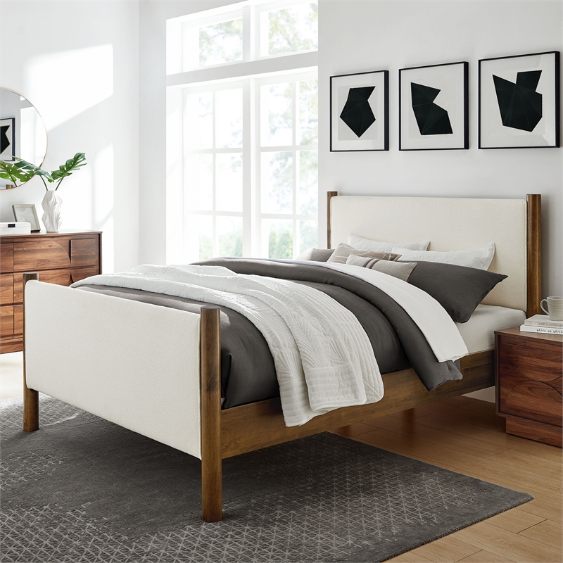 Maklaine Queen Size Boucle Upholstered Platform Bed in Feather Walnut