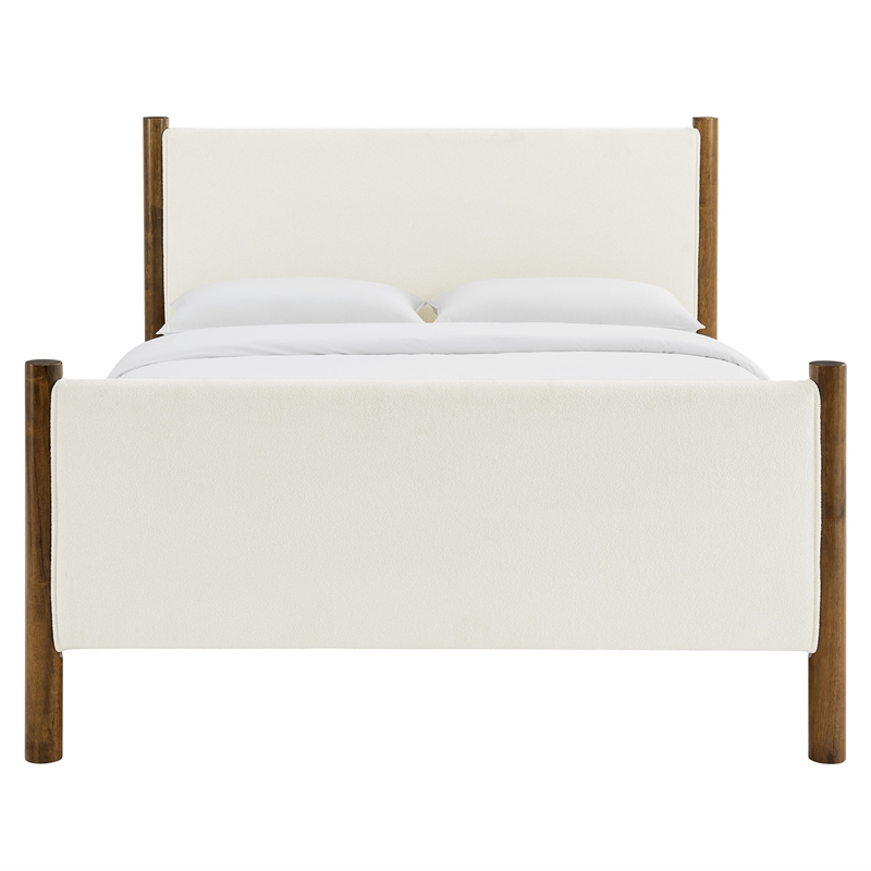 Maklaine Queen Size Boucle Upholstered Platform Bed in Feather Walnut
