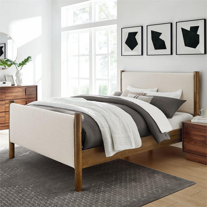 Maklaine Contemporary Upholstered Platform Bed in Ivory Walnut