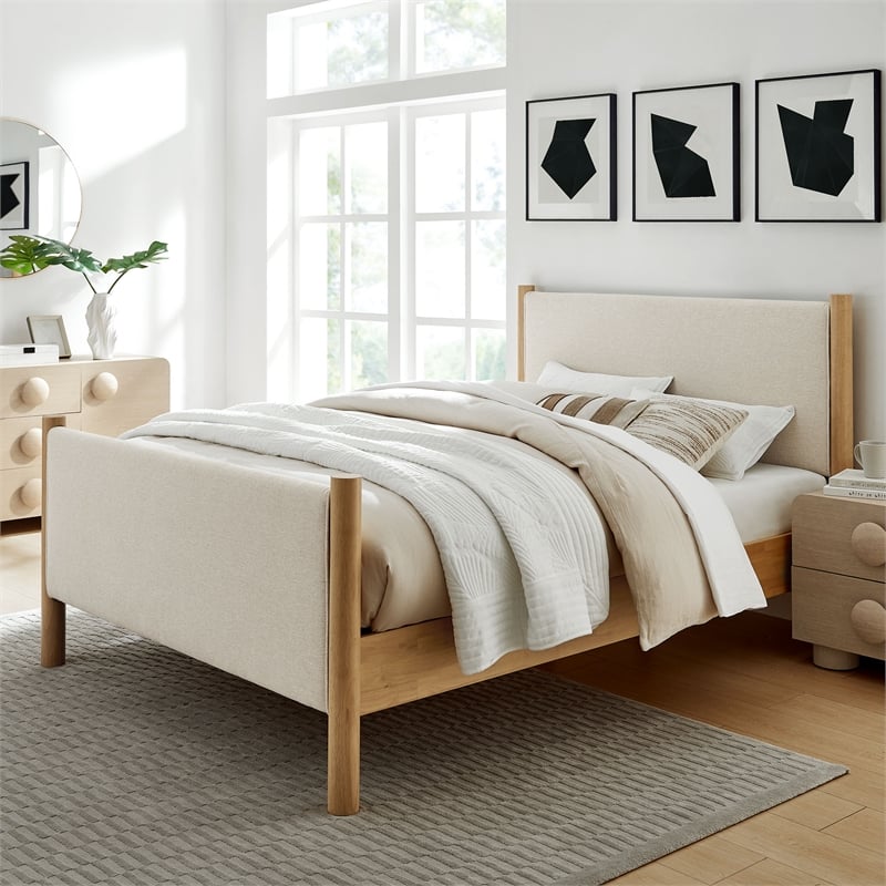 Maklaine Contemporary Wooden Bed Frame Upholstered Platform Bed in Ivory Oak